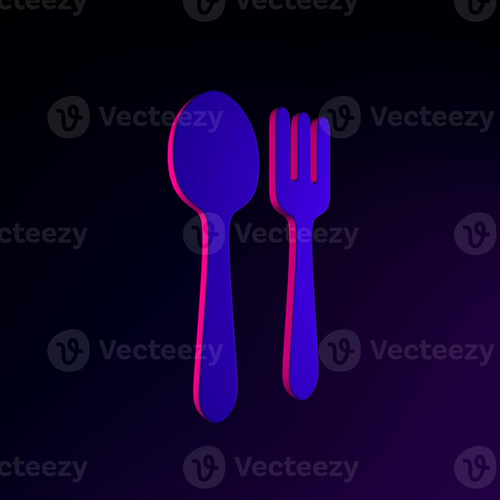 Neon spoon and fork icon in flat style. 3d rendering interface ui ux element. Dark glowing symbol. photo