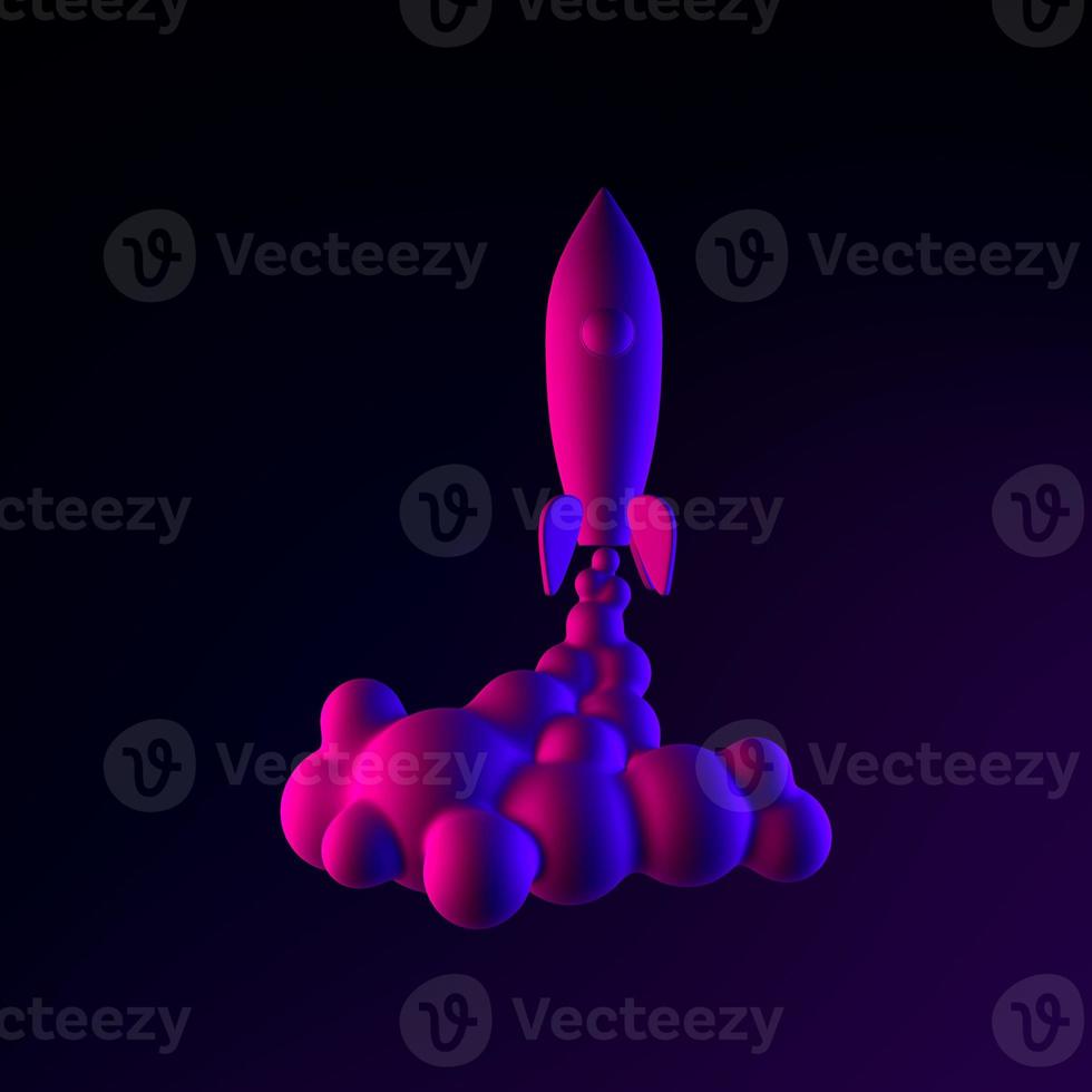 icono de lanzamiento de cohete espacial de neón. Elemento de interfaz ui ux de renderizado 3d. símbolo oscuro y brillante. foto