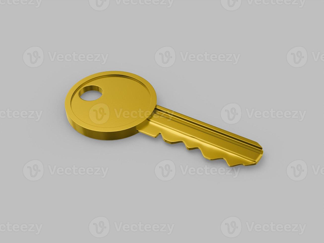 Golden one color key on surface on gray flat background. Minimalistic design object. 3d rendering icon ui ux interface element. photo