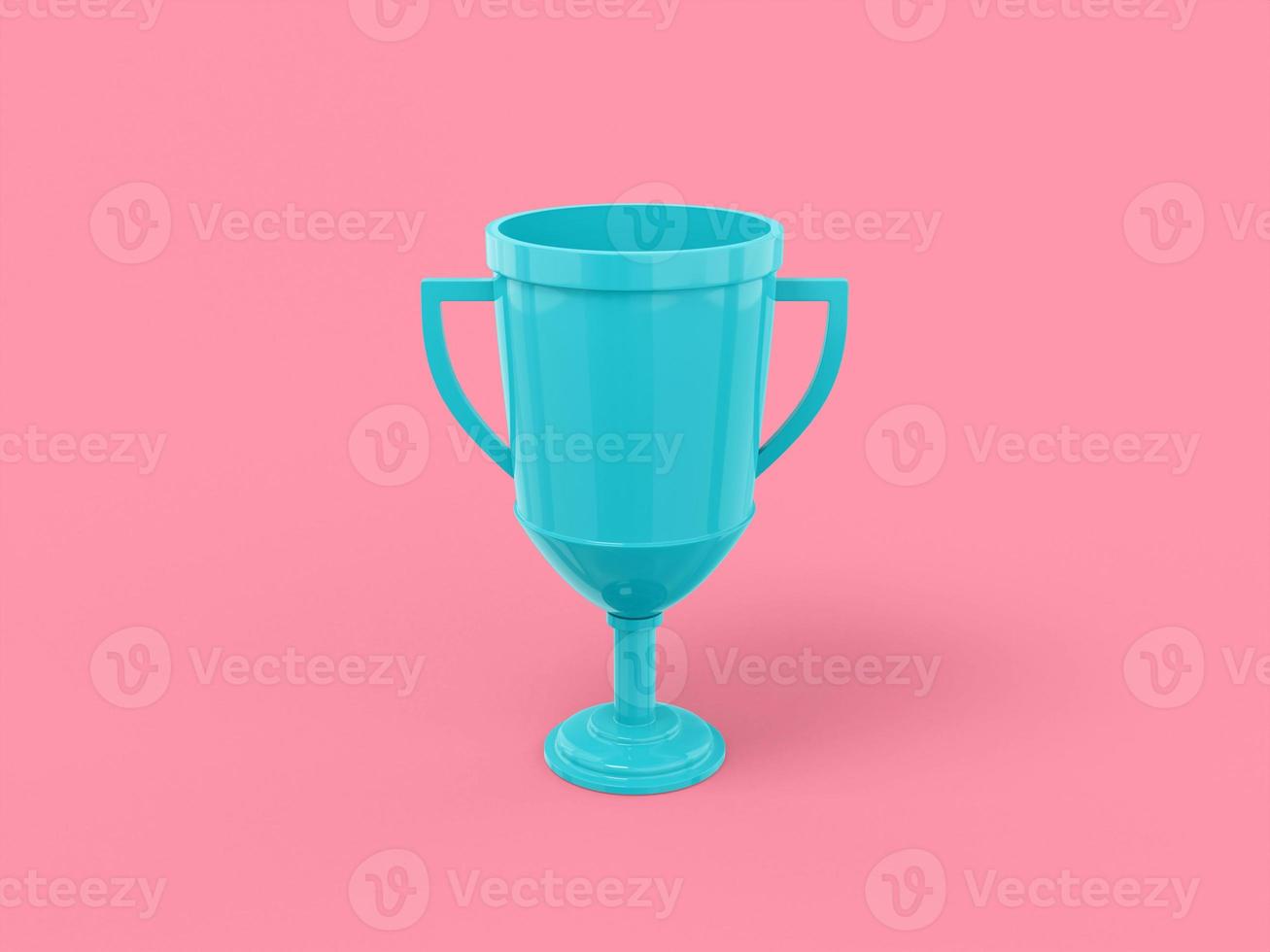 Blue single color winner cup on pink monochrome background. Minimalistic design object. 3d rendering icon ui ux interface element. photo