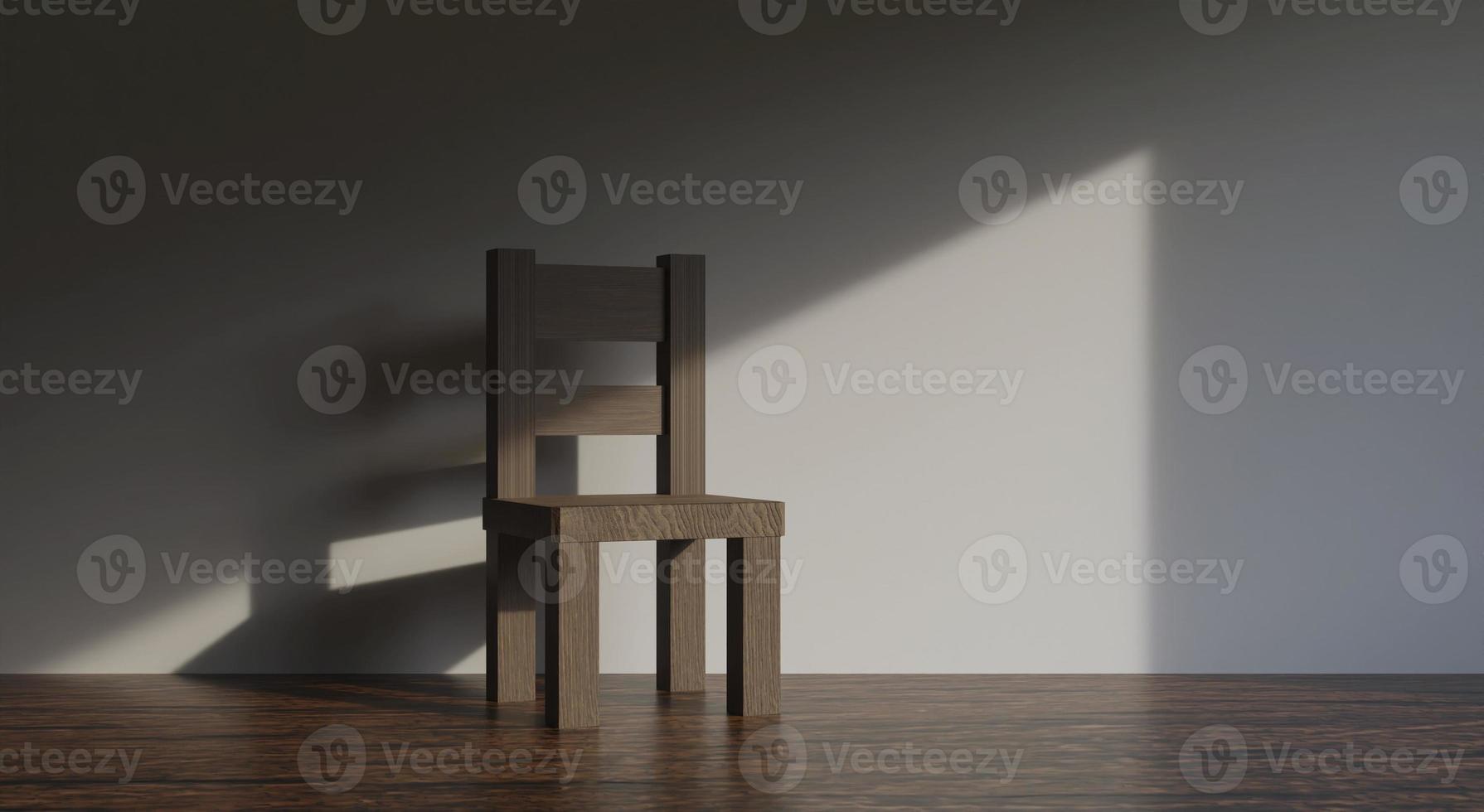 chair in the room empty and wood floors with sunlight cast shadows on the walls, minimal views of interior design. 3D render photo