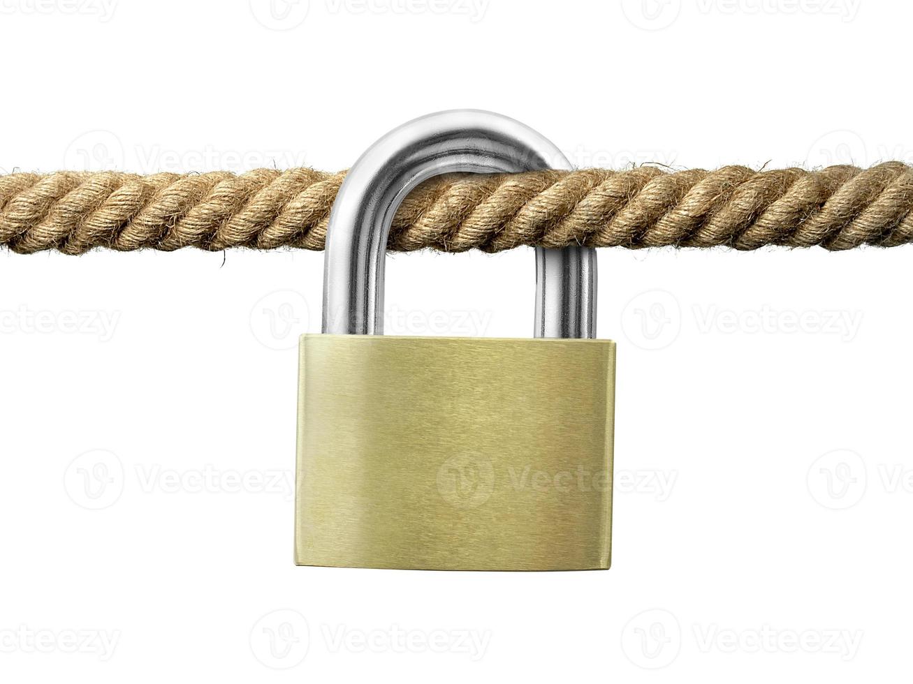 key lock on rope on white background closeup photo