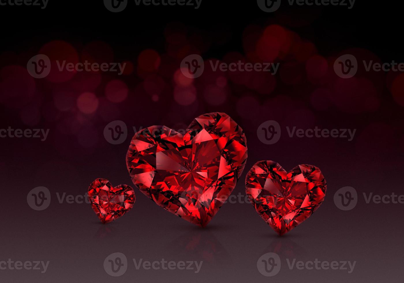 Red heart shaped diamond, red bokeh background. 3d render photo