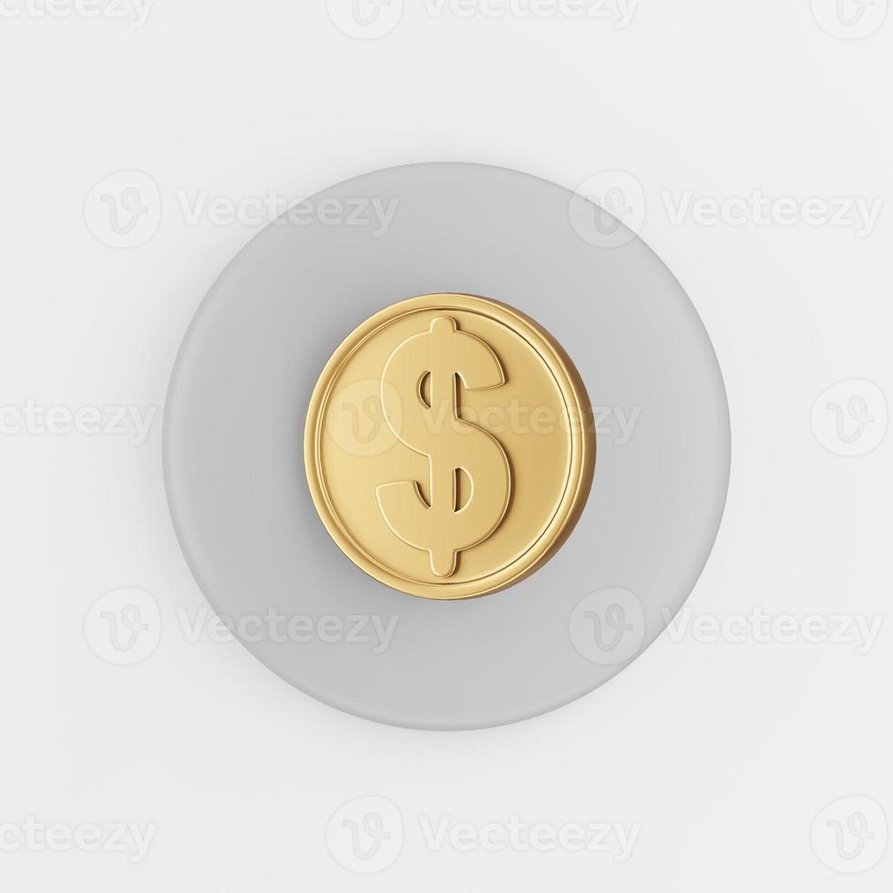 Dollar gold coin icon in cartoon style. 3d rendering gray round button key, interface ui ux element. photo