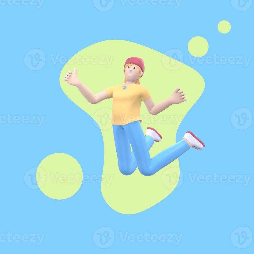Positive character in colored clothes on an abstract stain background. Young cheerful hipster girl runs, dances, jumps, levitates and flies. Funny cartoon people. 3D rendering. photo