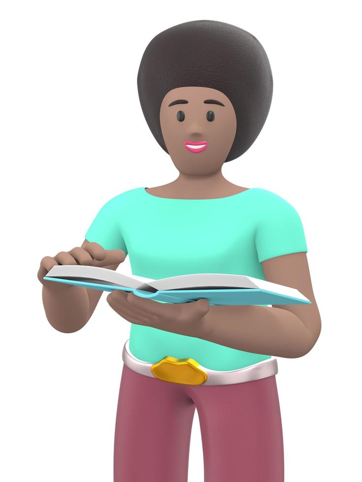 Character young african girl fan of literature reading a book. Funny, abstract cartoon people isolated on a white background. 3D rendering. photo