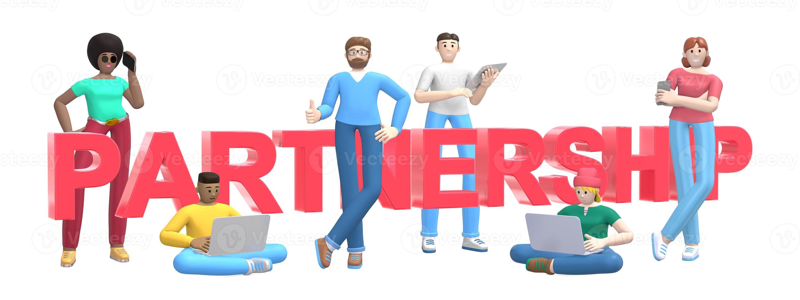 Group of young multiethnic successful people with laptop, tablet, phone and word partnership on white background. Horizontal banner cartoon character and text website slogan. 3D rendering. photo