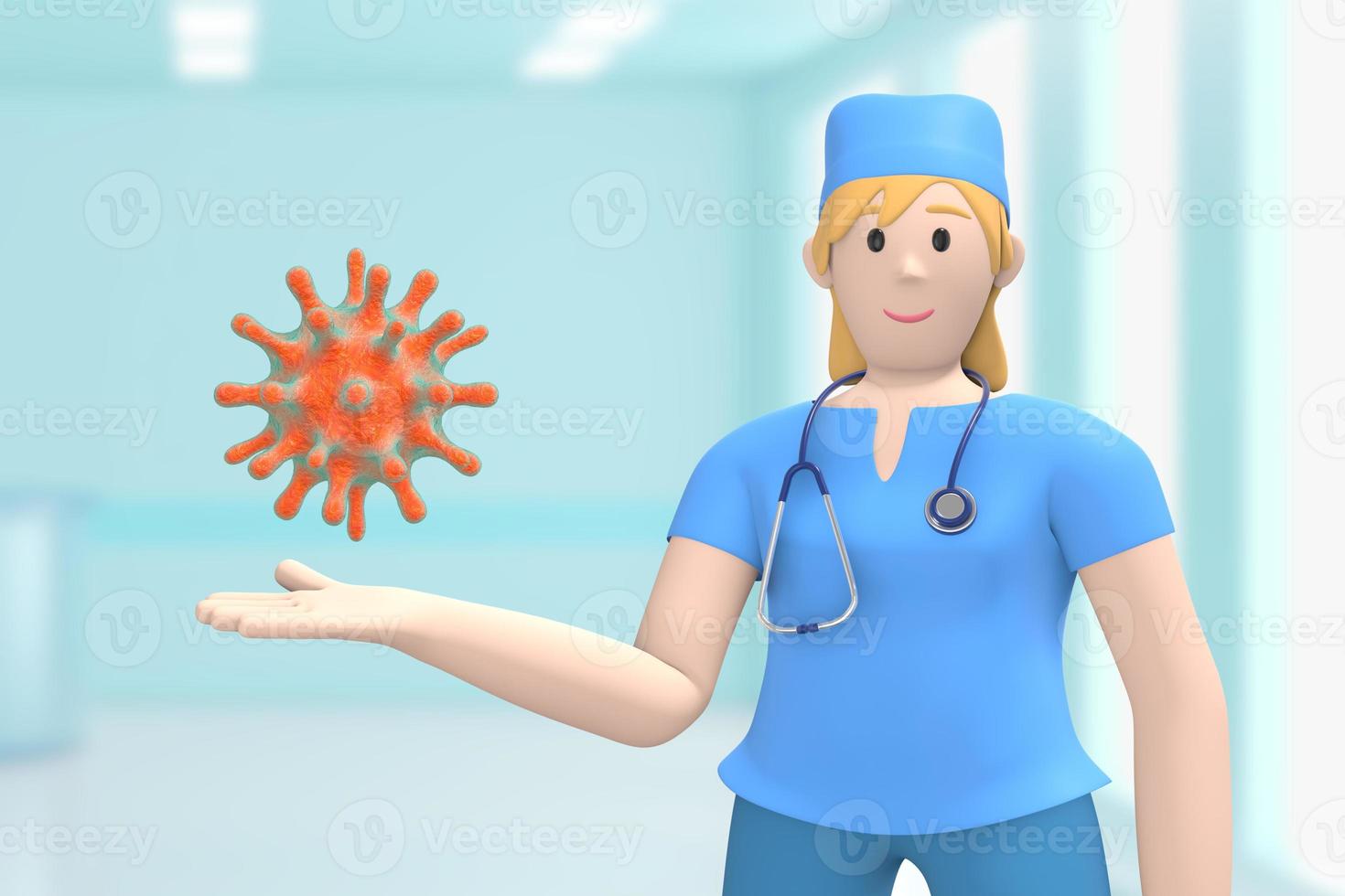 doctora en el interior médico del hospital palma abierta con un microbio, una bacteria. persona de dibujos animados representación 3d foto