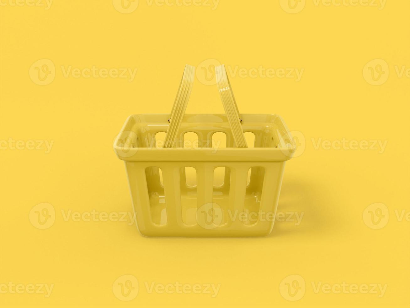 Yellow one color shopping hand cart on yellow flat background. Minimalistic design object. 3d rendering icon ui ux interface element. photo