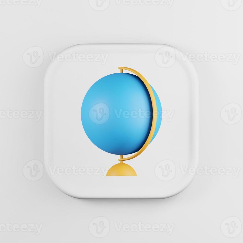 Minimalistic globe icon on stand cartoon style. 3d rendering white square key button, interface ui ux element. photo