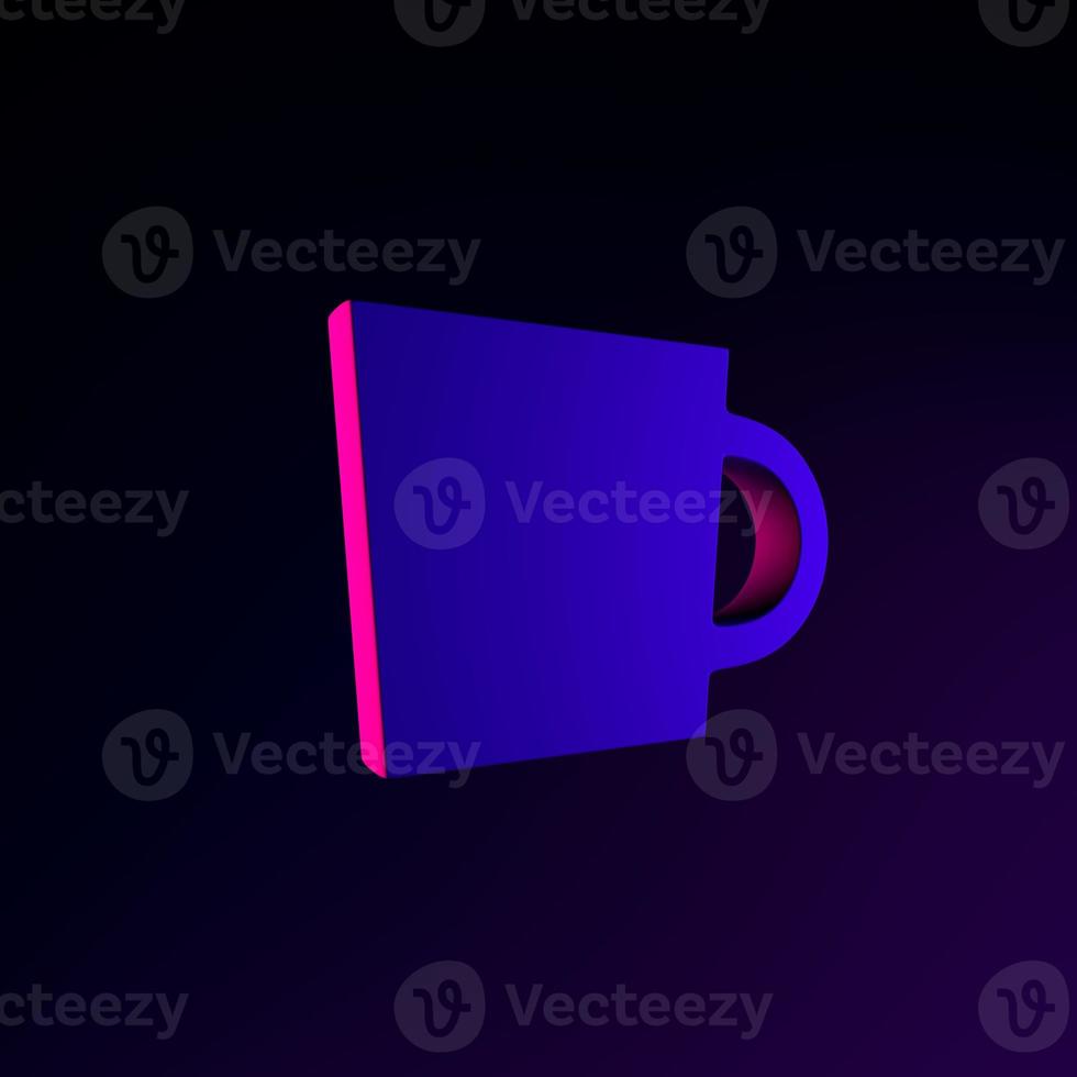 Neon mug icon, coffee break. 3d rendering interface iu ux element. Dark glowing symbol. photo
