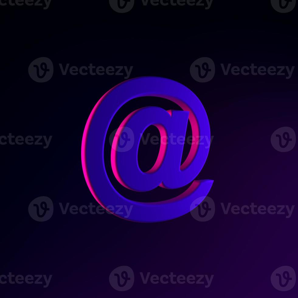 Neon email icon, at sign. 3d rendering ui ux interface element. Dark glowing symbol. photo