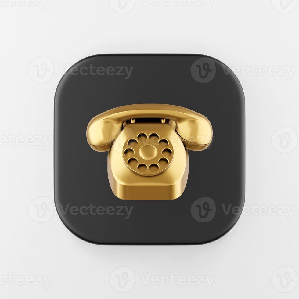 icono de teléfono vintage dorado. Botón de tecla cuadrada negra de representación 3d, elemento ui ux de interfaz. foto