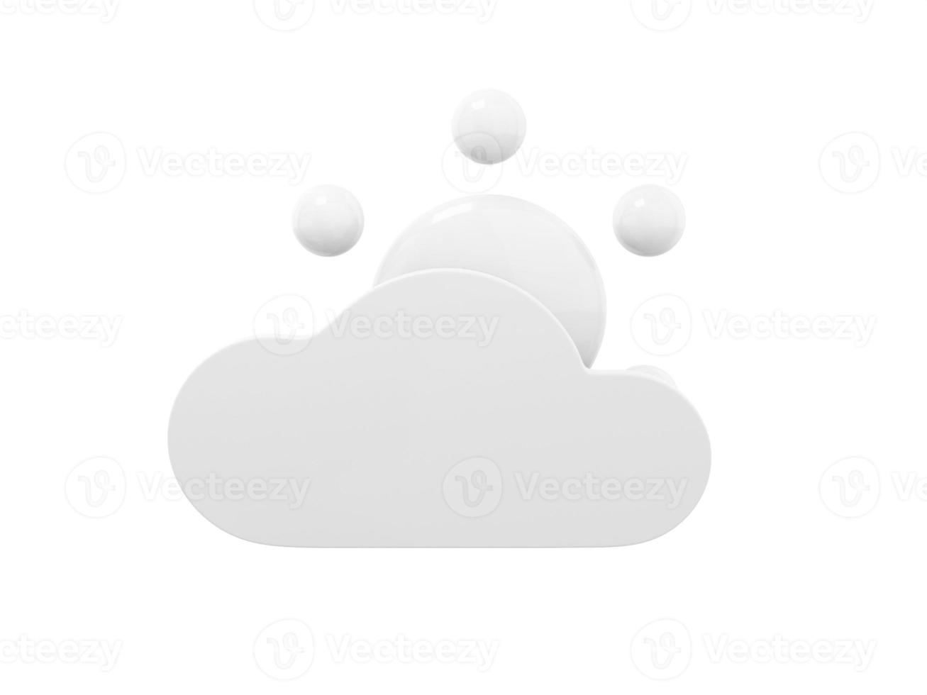 White mono color cartoon sun behind cloud front view on white solid background. Minimalistic design object. 3d rendering icon ui ux interface element. photo