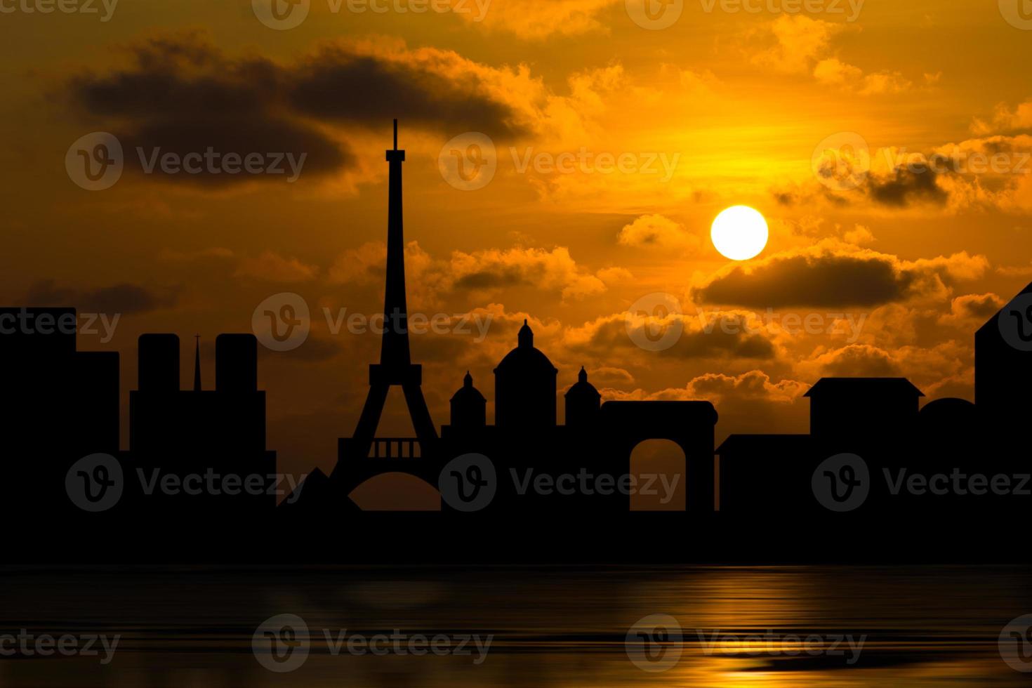 Dramatic Paris skyline with sunset photo