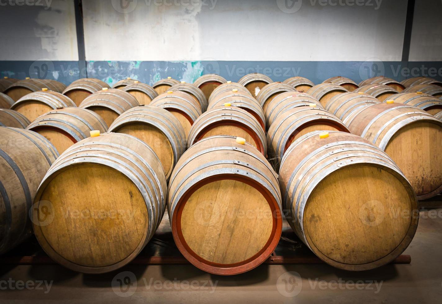 barriles de vino en la bodega de la bodega foto