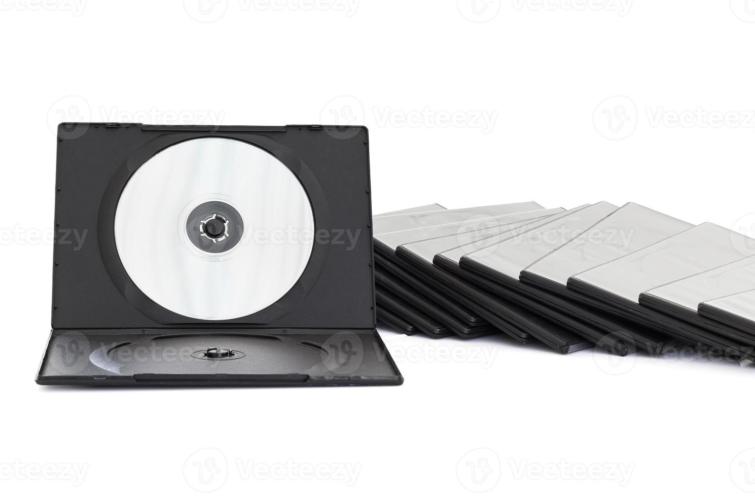 DVD box with disc on white background photo