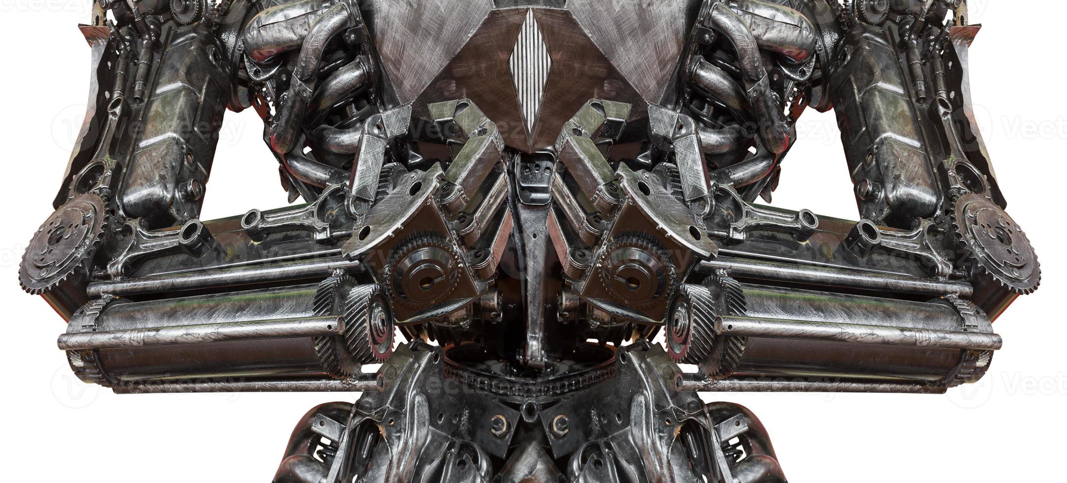 Closeup War machine sculpture made from scrap metal photo