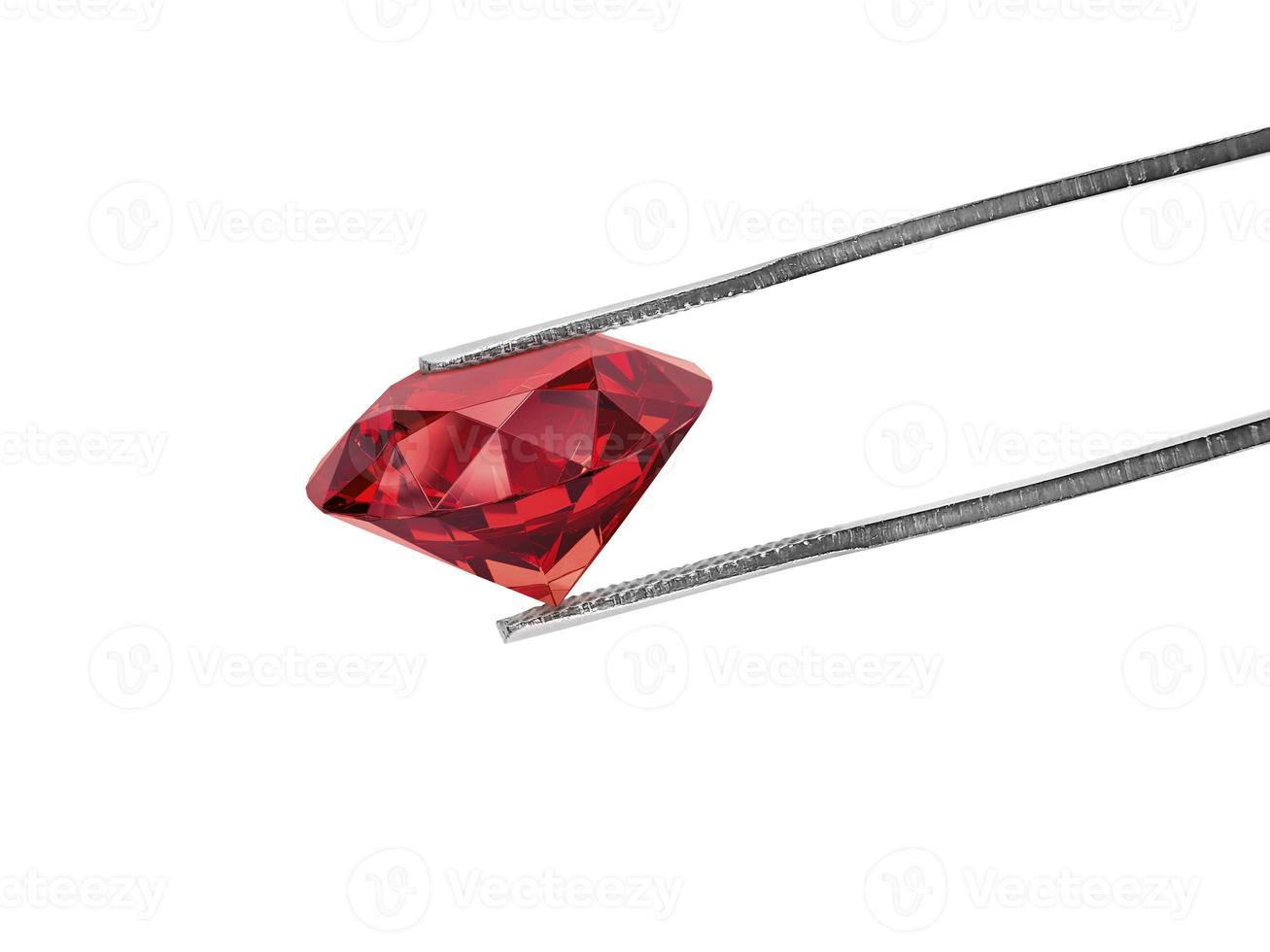 Dazzling diamond red on white background held in diamond tweezers. 3d render photo