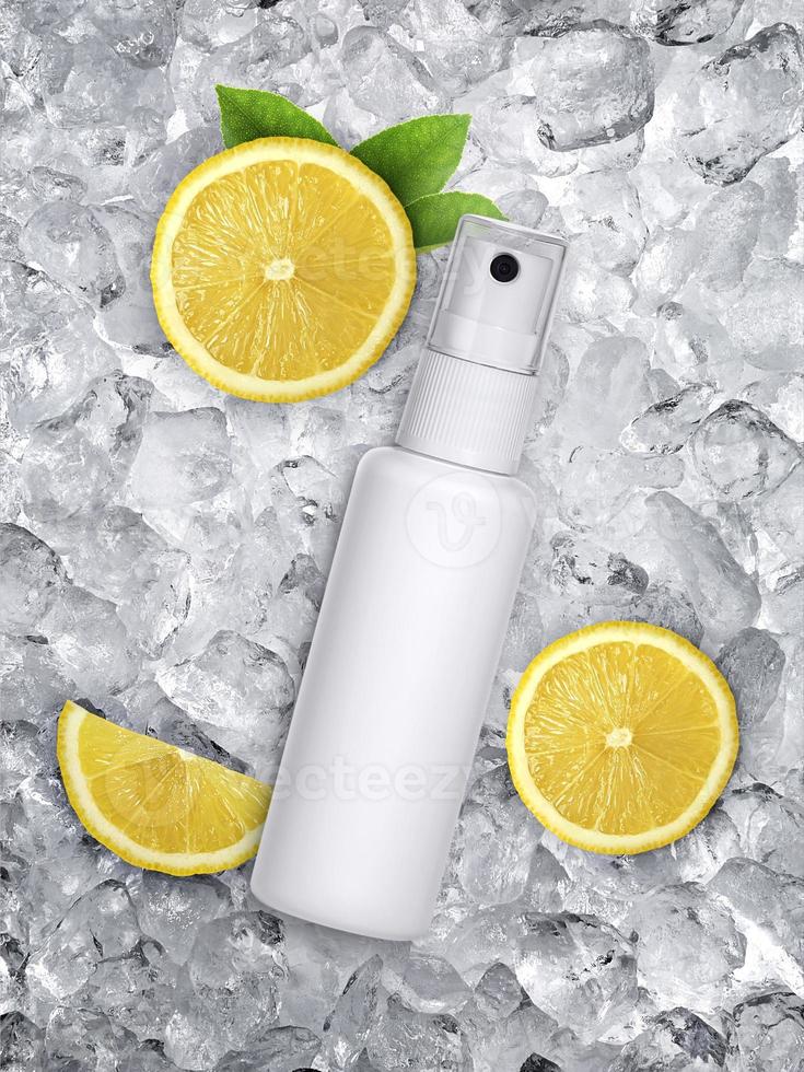 Plastic spray bottles, on ice background and pieces of juicy lime, top view photo