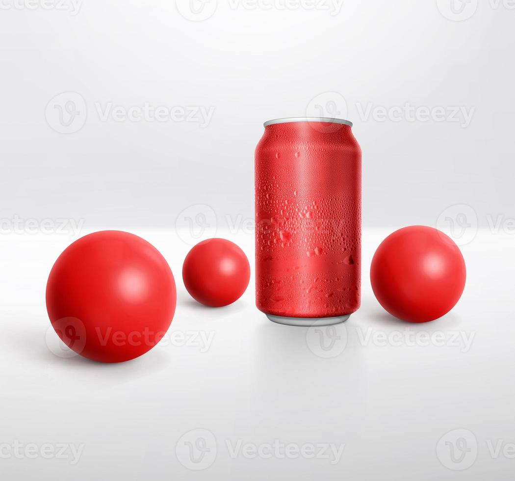 latas con gotas de agua y esfera roja con sombra. renderizado 3d foto