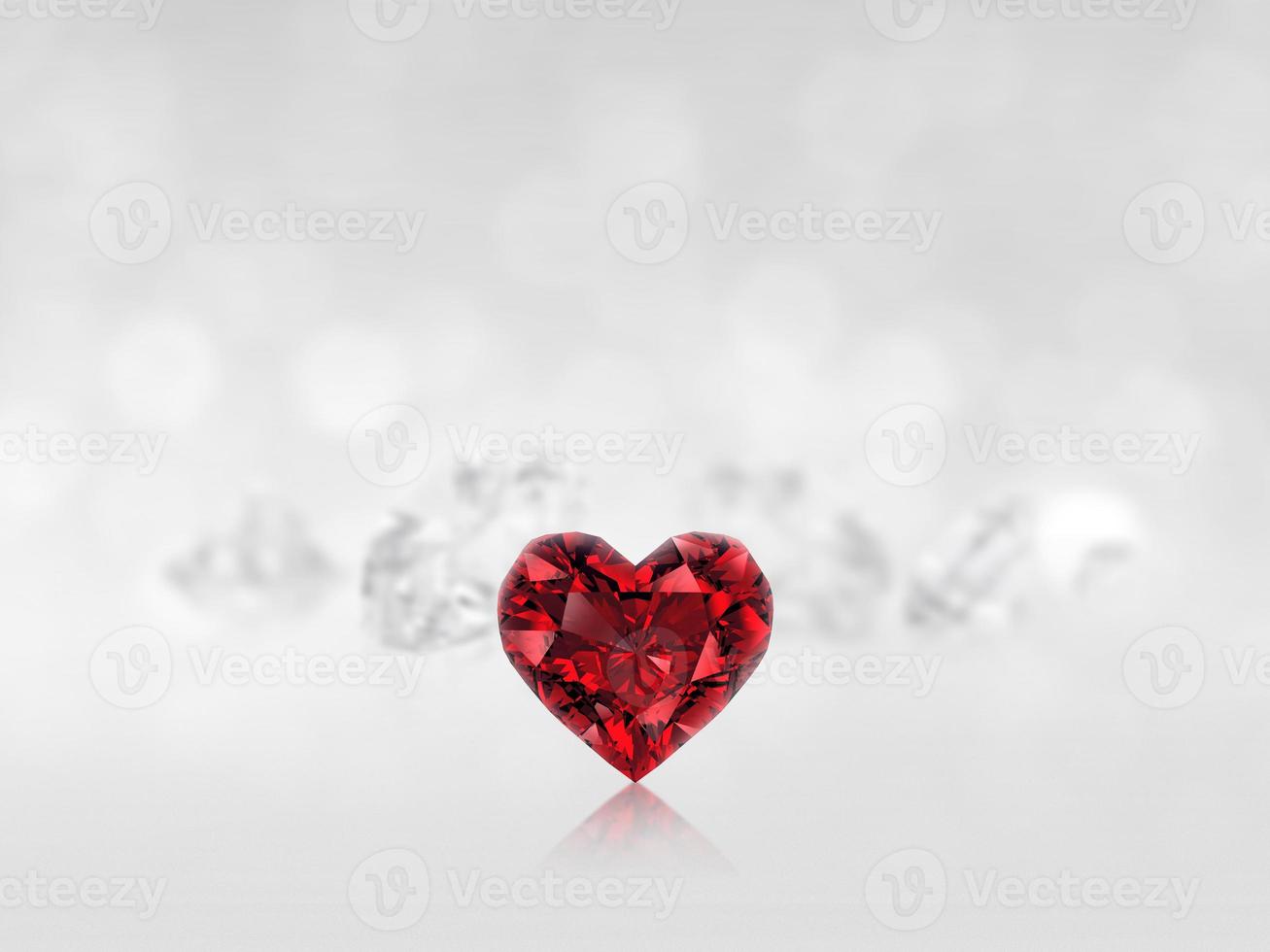 Red Heart shaped diamond on the white diamonds background reflecting. 3d render photo