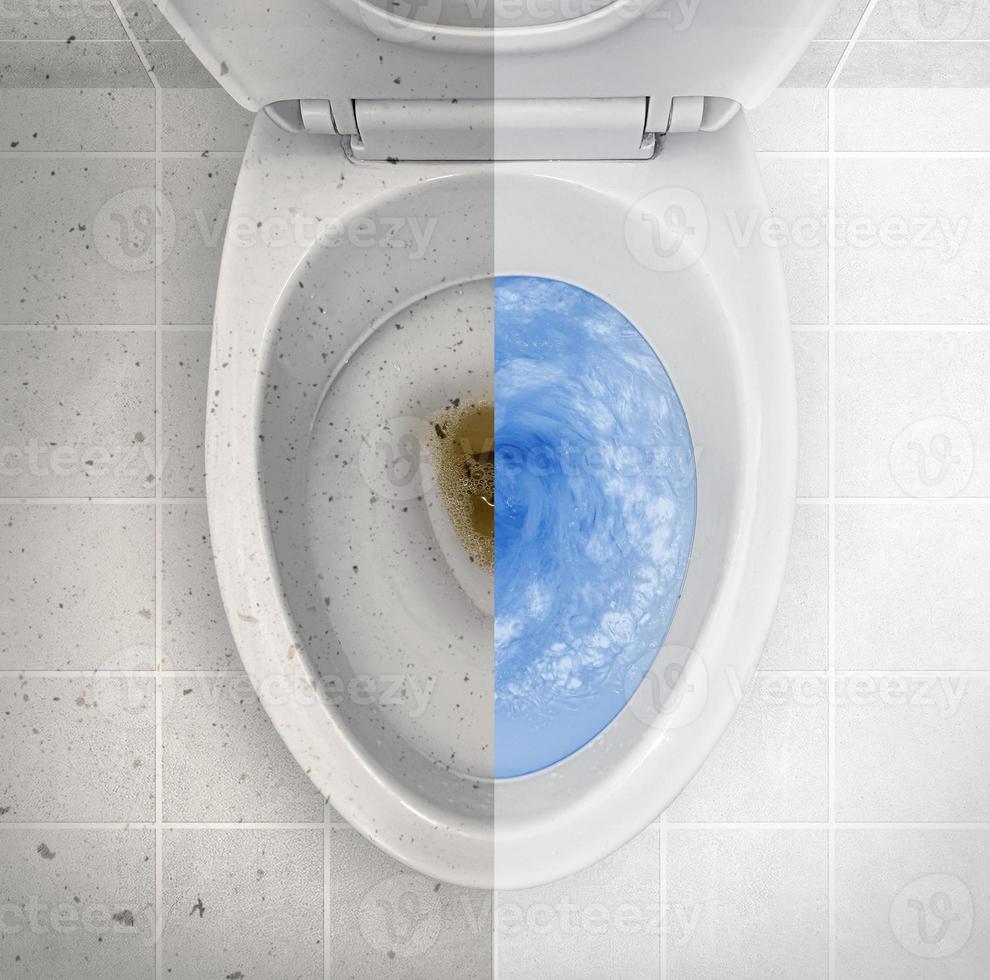 Photos before and after cleaning a dirty toilet, the result of using different detergents from large pollution