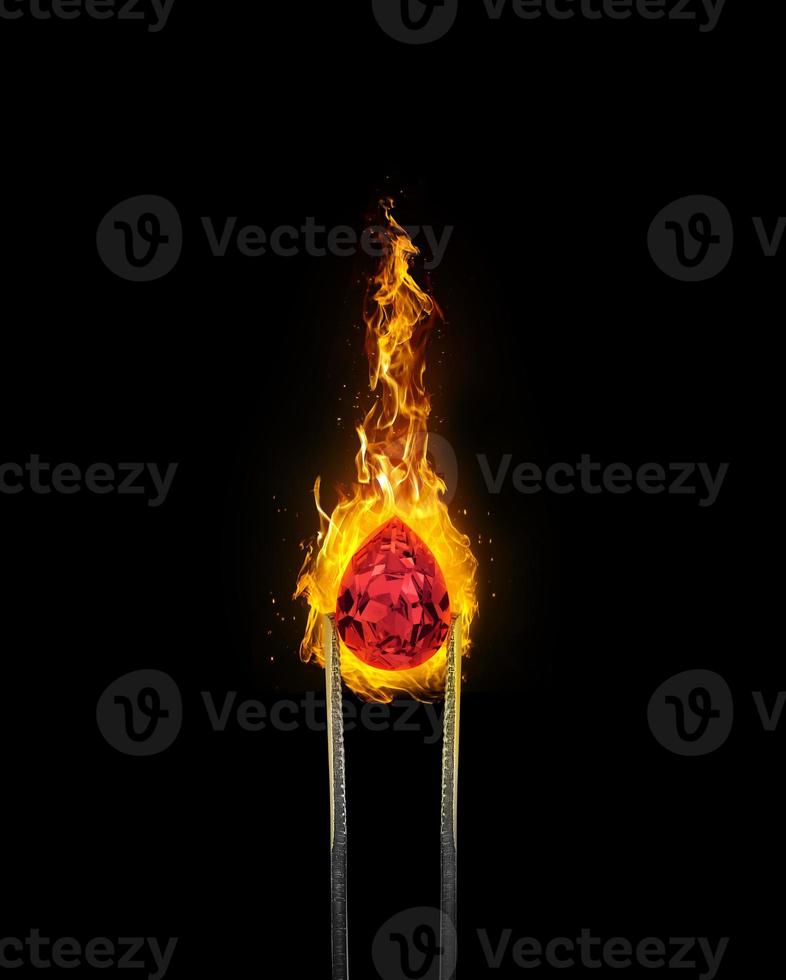 Shiny brilliant diamond red placed on fire on black background in diamond tweezers. 3d render photo