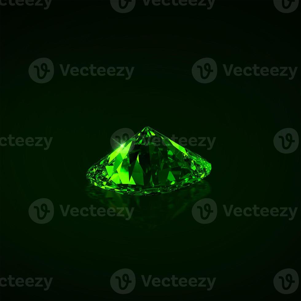 Green dazzling diamond on black background. 3D render photo