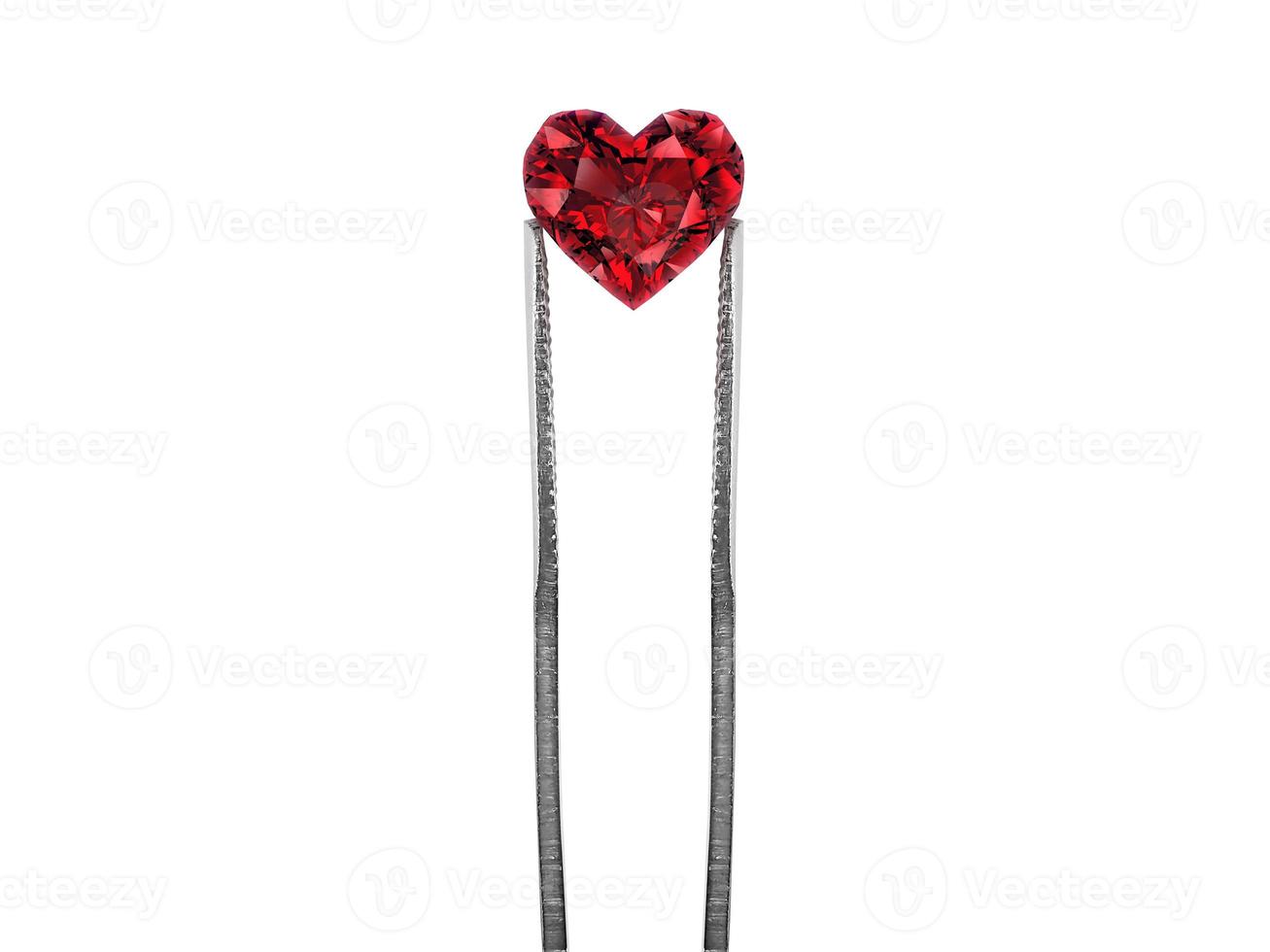 Heart shaped diamond on white background held in diamond tweezers. 3d render photo