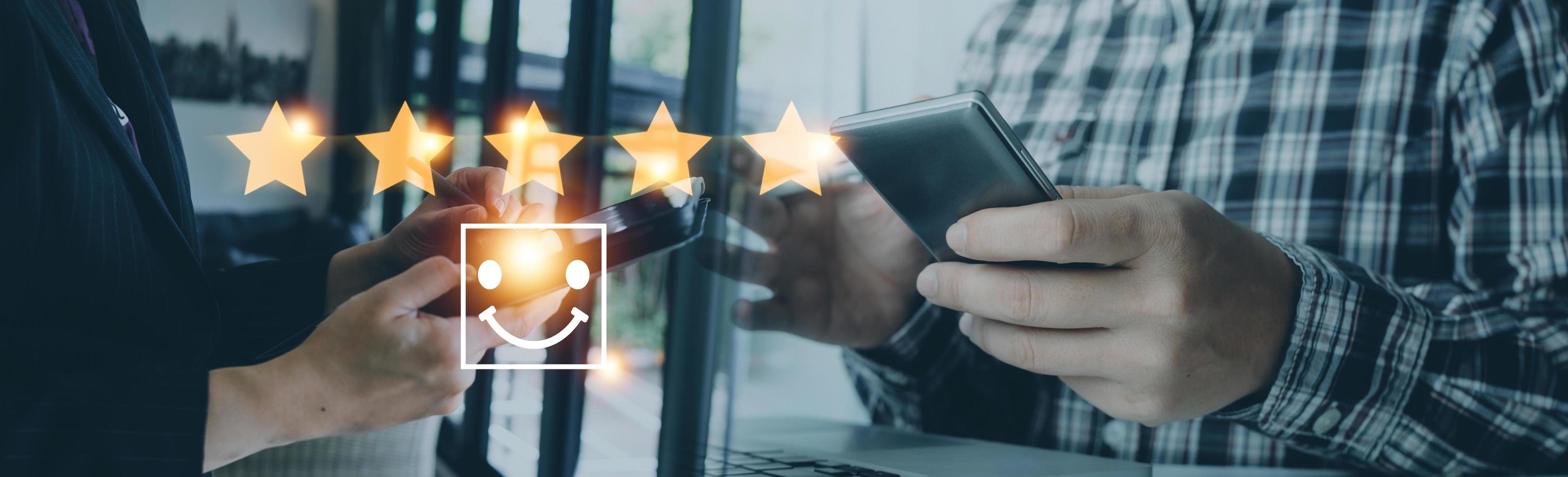 Customer evaluation feedback.men in suit Giving Positive Review for Client's Satisfaction Surveys.giving a five star rating. Service rating, satisfaction concept photo