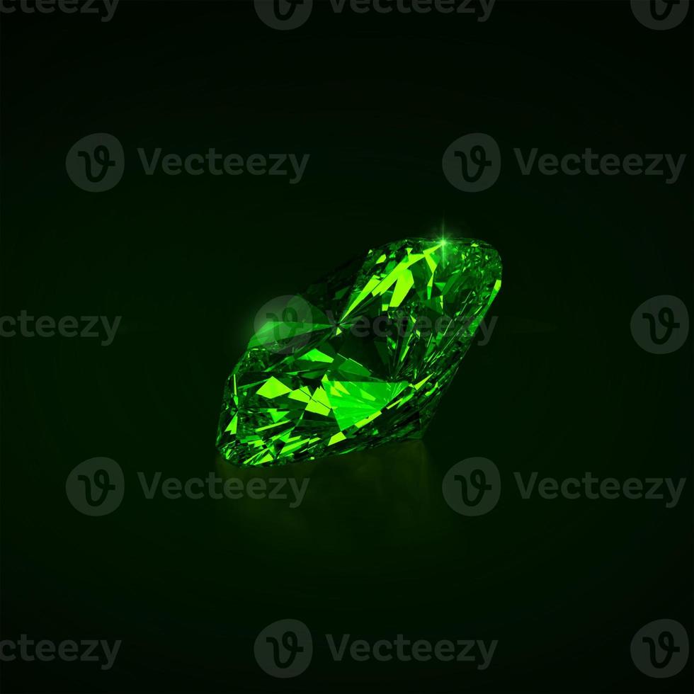 Green dazzling diamond on black background. 3D render photo