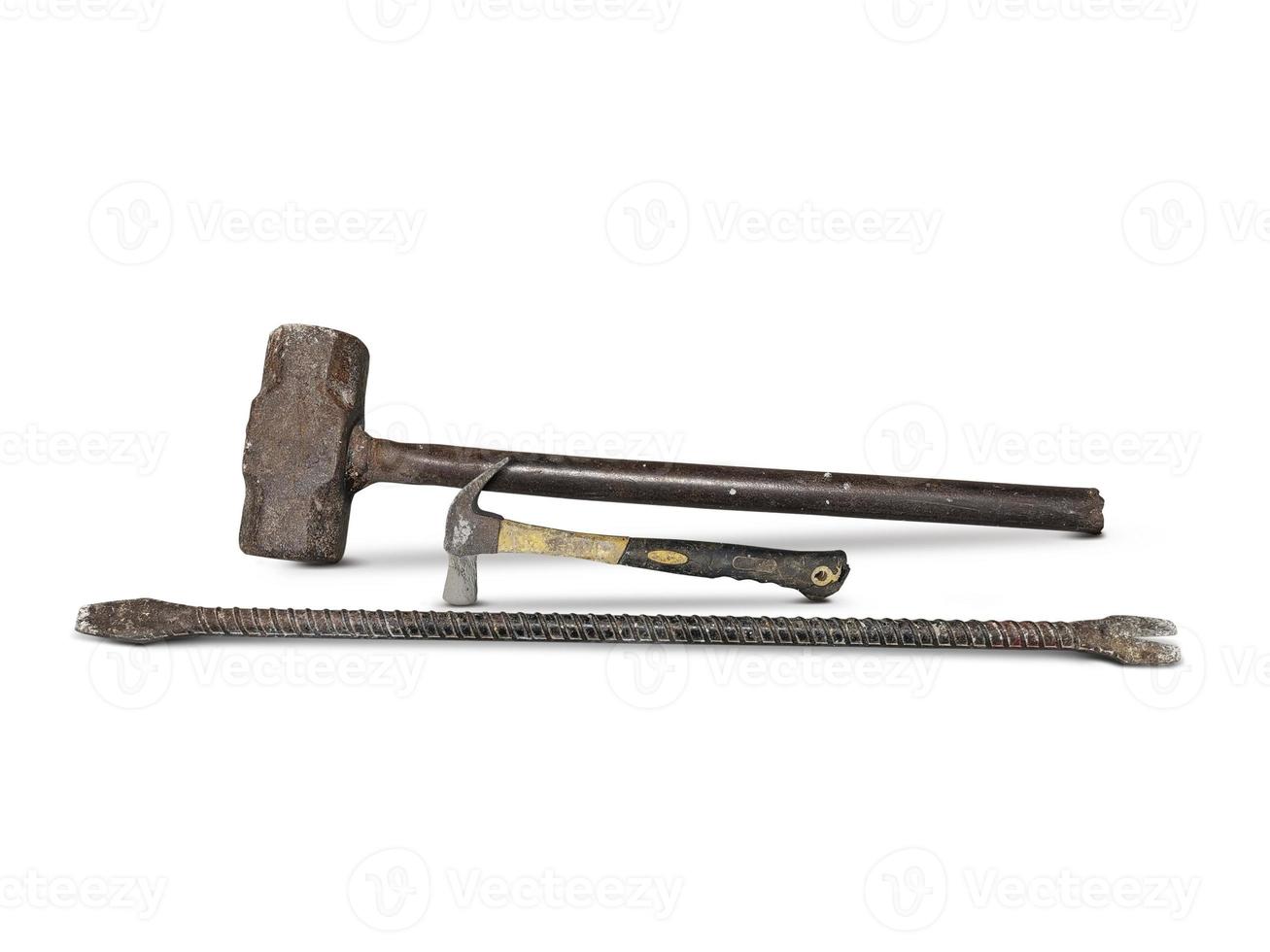 old hammer and old crowbar on a white background photo