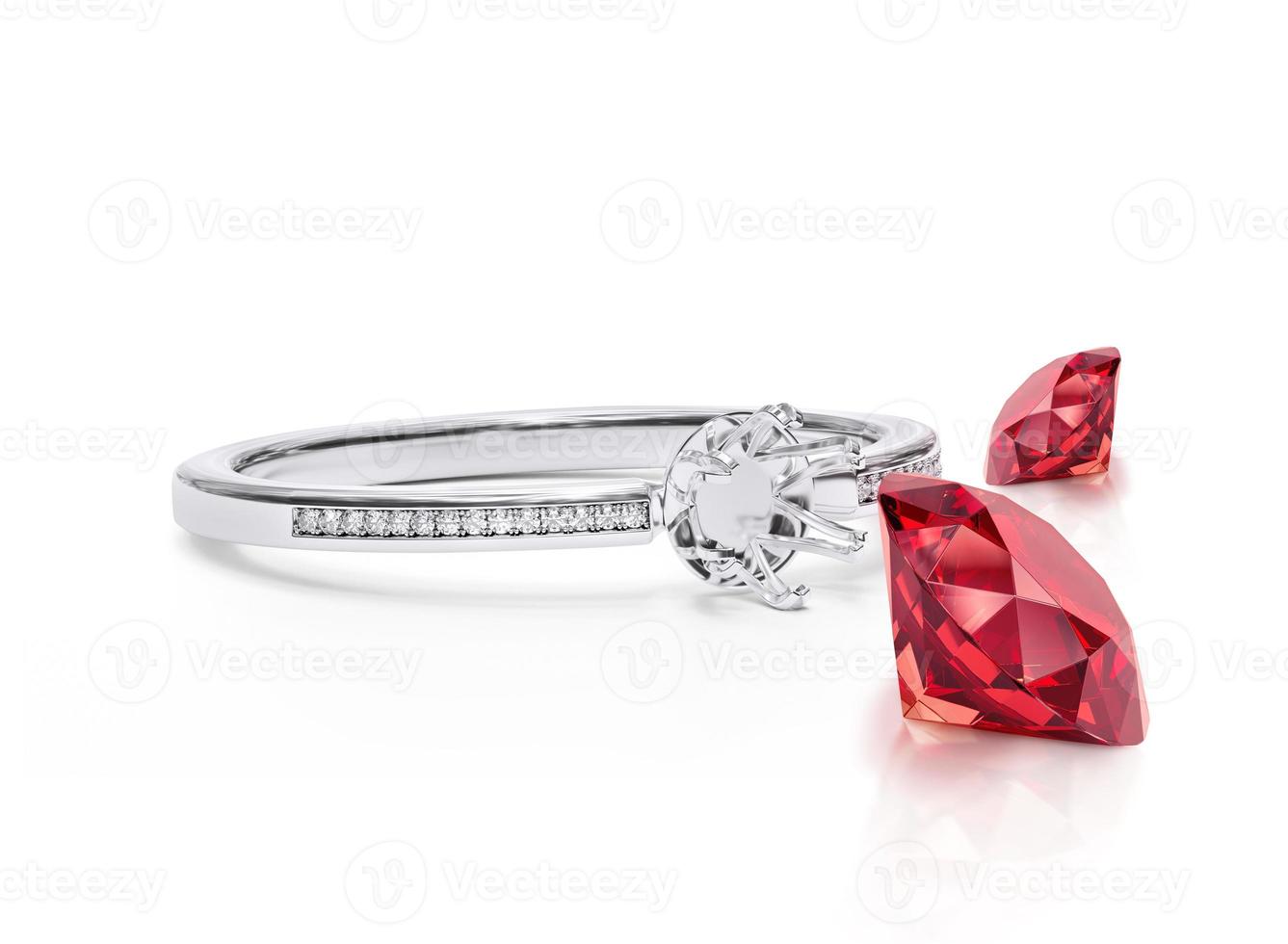 White gold or silver ring without gemstone and round red diamond with reflection on a white background. 3D render photo