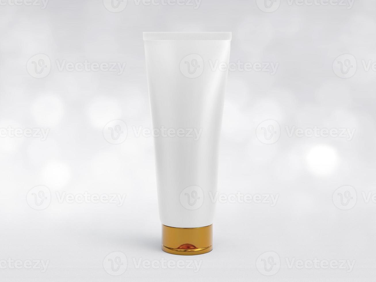 Silver metallic plastic cosmetic tube isolated on shining bokeh background photo