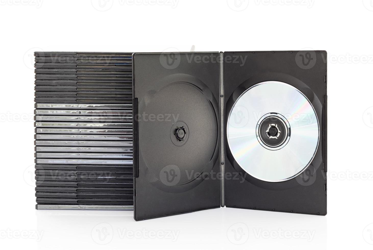 Dvd boxes with disc on white background photo