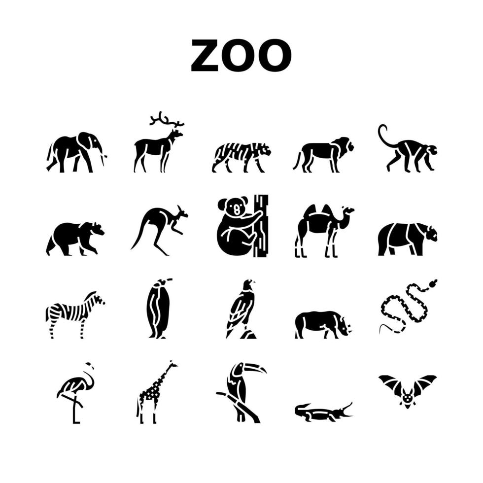 Zoo Animals, Birds And Snakes Icons Set Vector