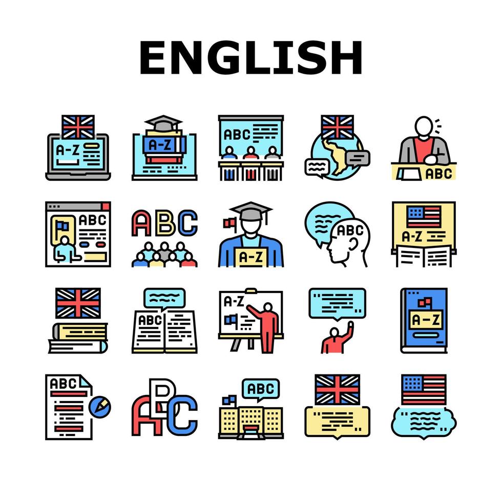 idioma inglés aprender en la escuela iconos establecer vector