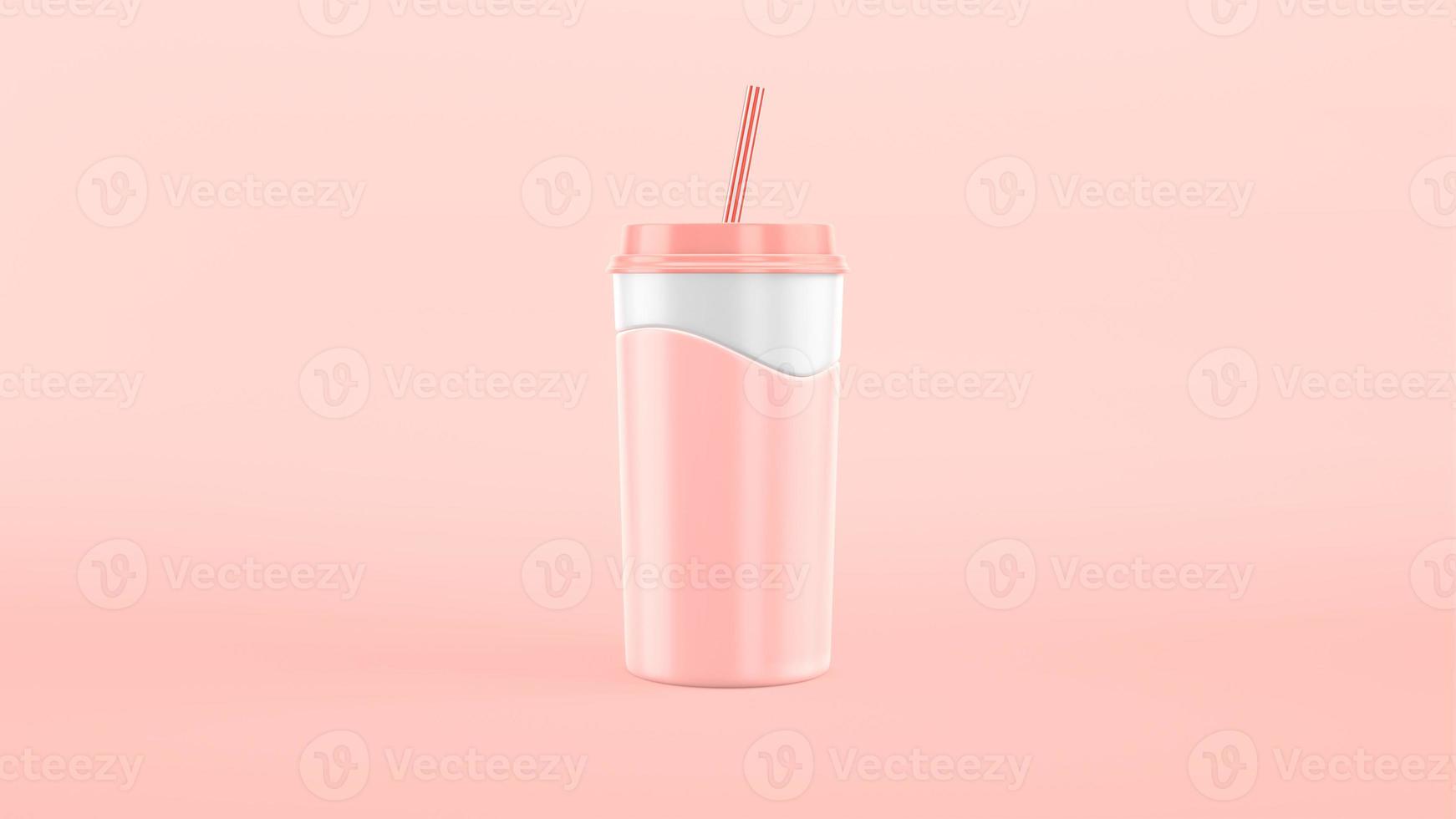 3D rendering paper cup pink strawberry milkshake, milk. Slow motion wave splash. Craft, plastic cup with a straw cartoon style. photo