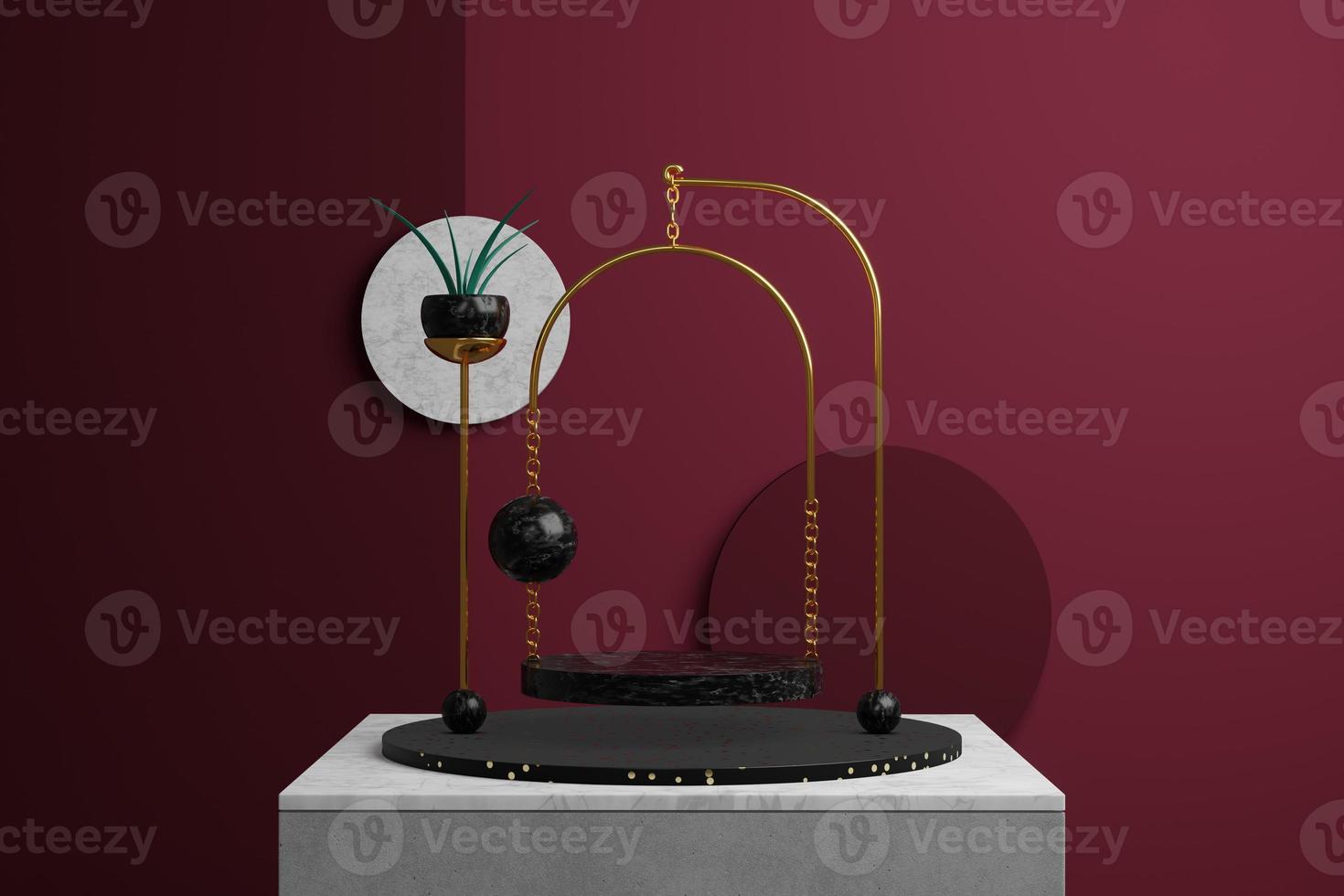 3D rendering abstract advertising platform. Black marble podium space for product in golden arch with chain, round elements and plant on red background. Minimal concept award social networks, website. photo
