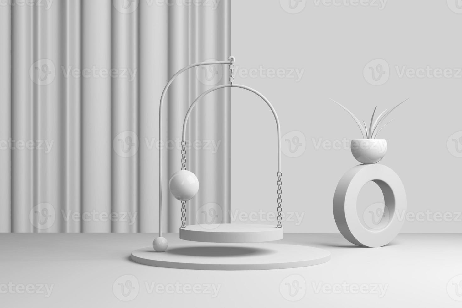 3D rendering abstract background, copy space, pedestal pastel white, gray color. Minimal scene product display with arch and curtain. Luxurious light winner award design. Mobile app template photo