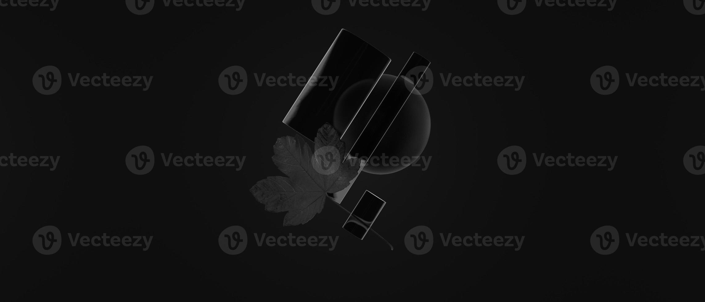 3D rendering abstract dark background, cylinders and a ball in a black hole levitating, flying in the air. Horizontal elegant website header. photo