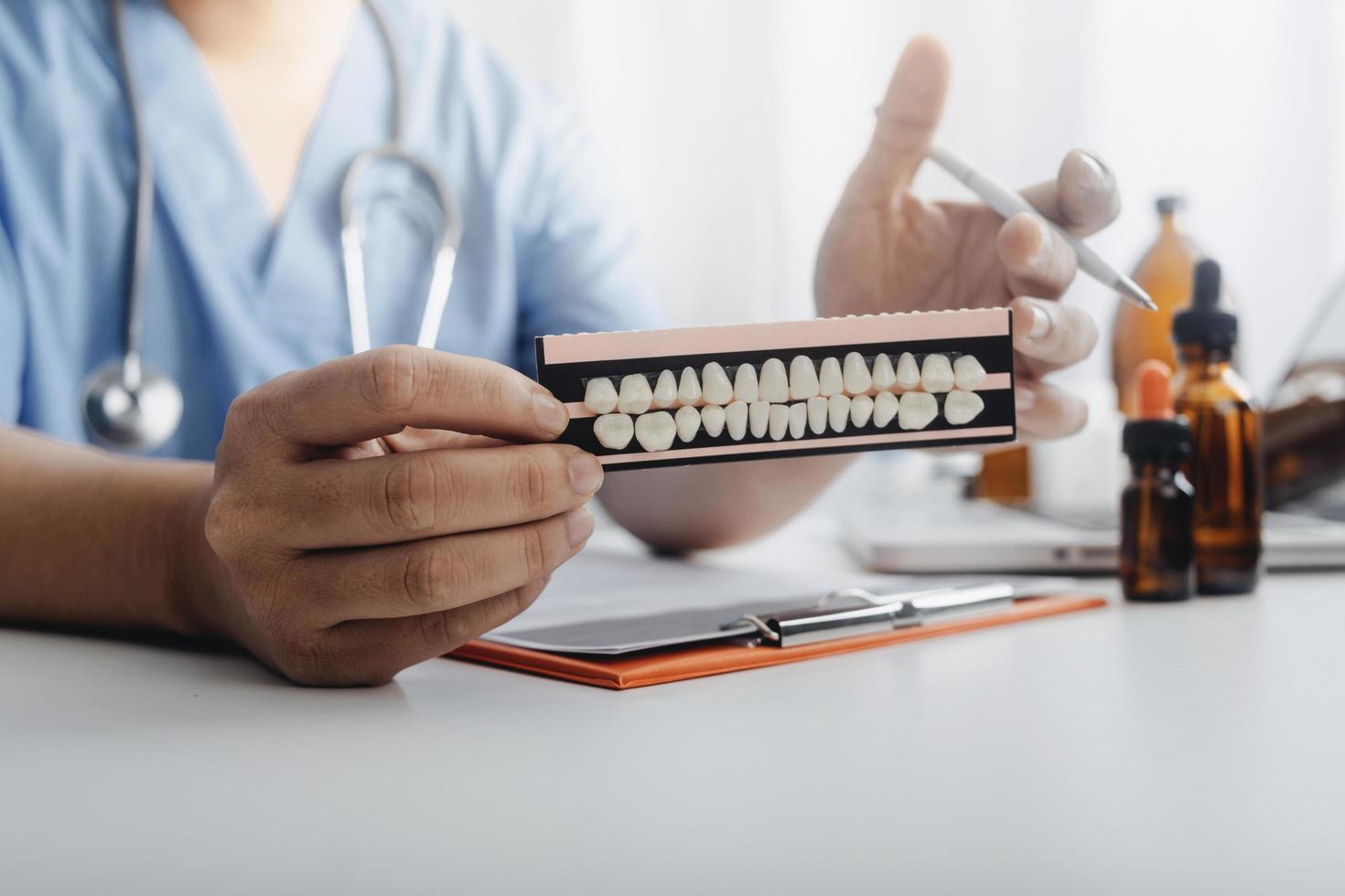 Double exposure of technology healthcare And Medicine concept. Two doctors using digital tablet and modern virtual screen interface icons panoramic banner, blurred background. photo