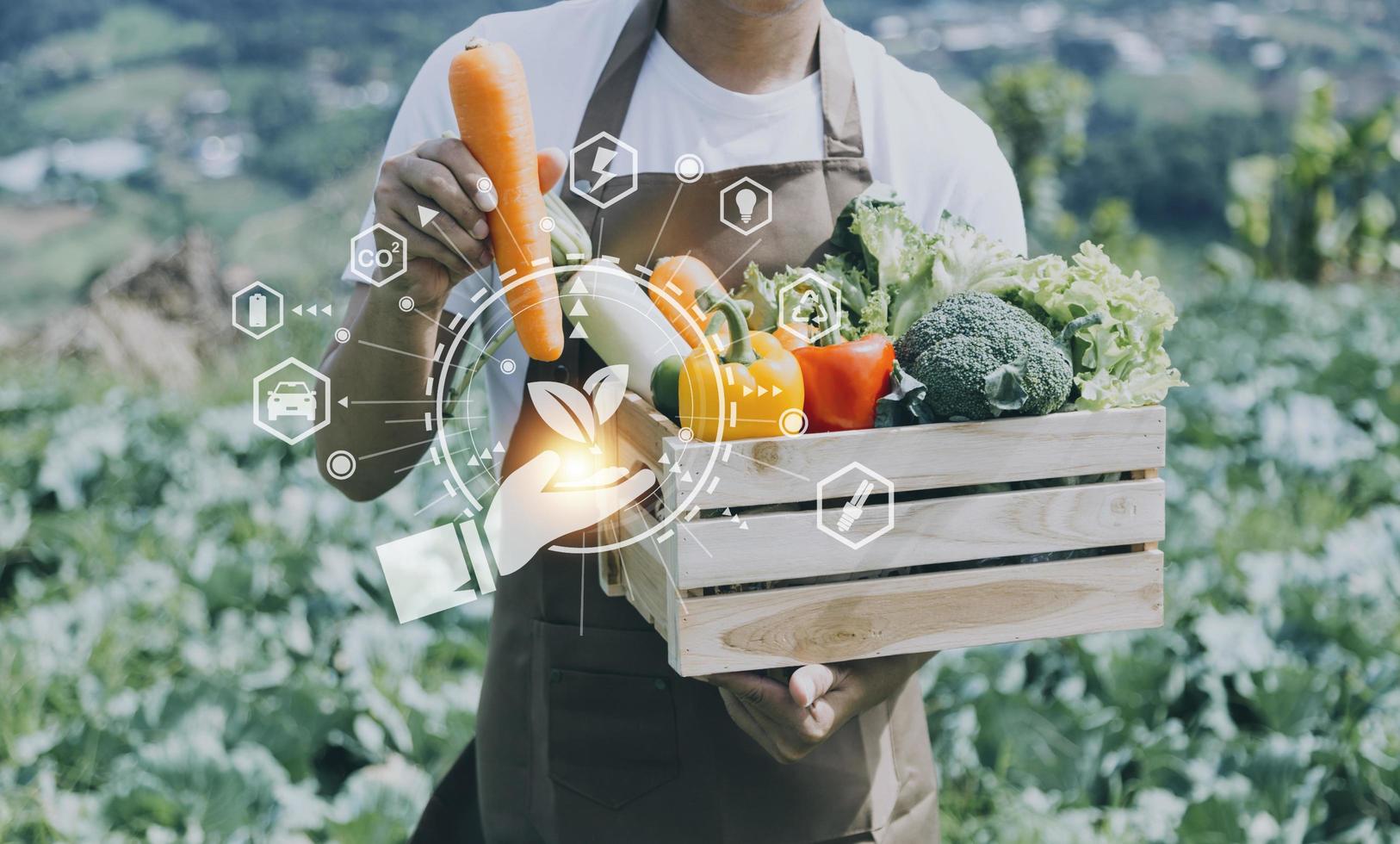 Futuristic businessman farms vegetables and crops using modern AI technology using mobile phones, temperature and humidity sensors, water tracking, climate control, holographic data data icons. photo