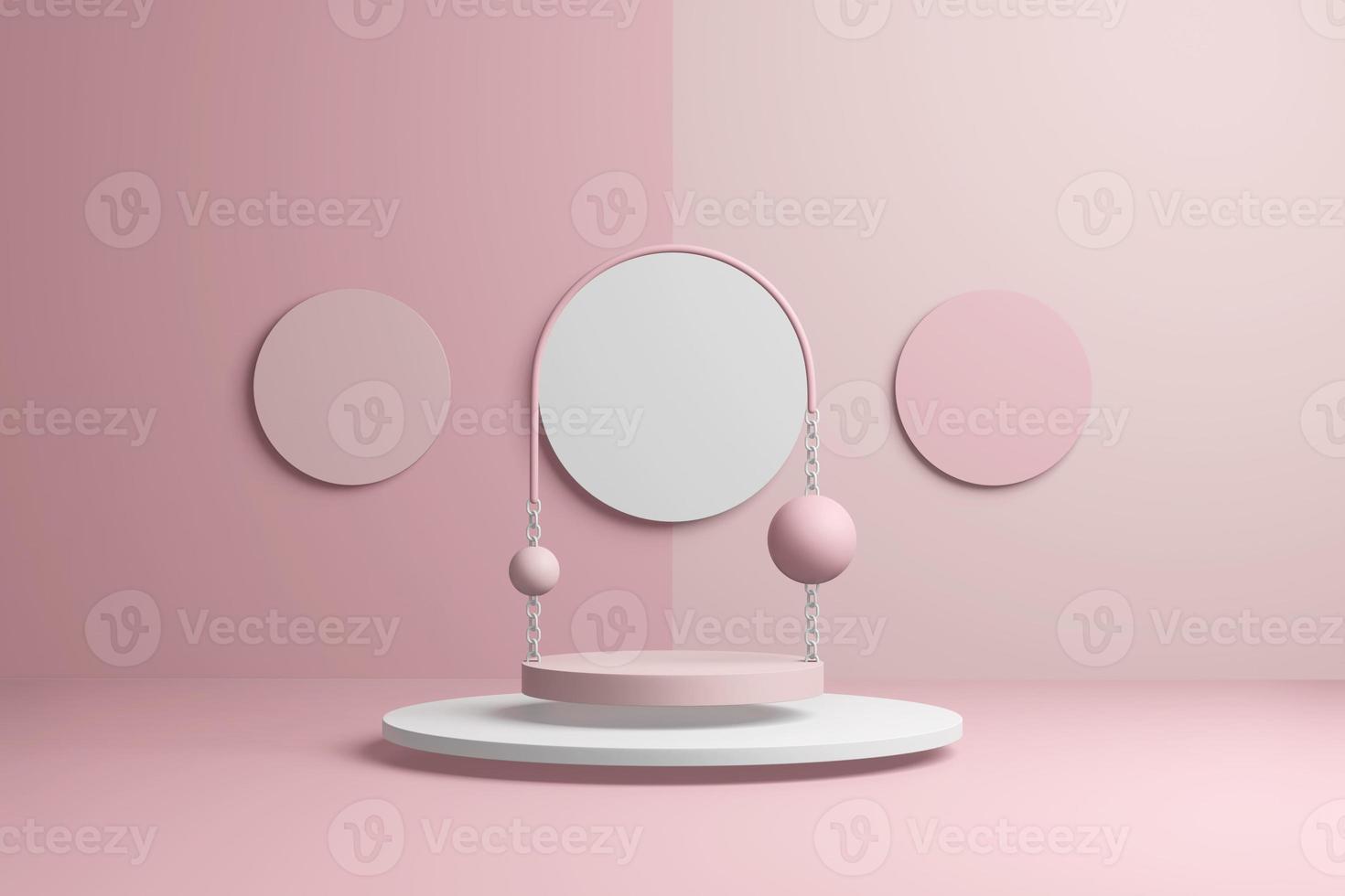 Abstract coral product showcase. Pastel red stand advertising copy space, minimal geometric shapes. 3D rendering photo