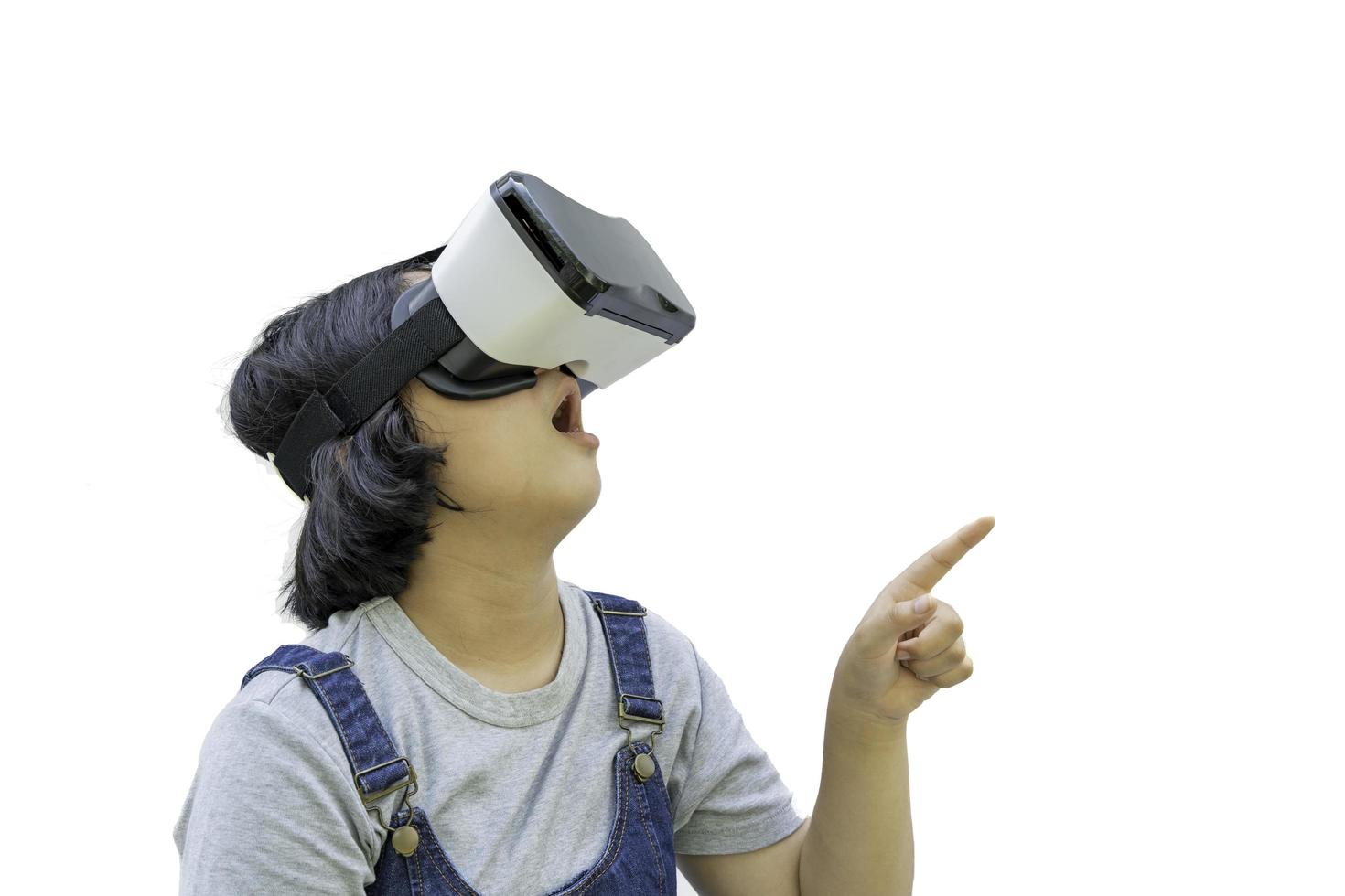 Asian girls are excited about the VR experience alone on white,  online education, education, gadgets, technology, and video game concepts. photo