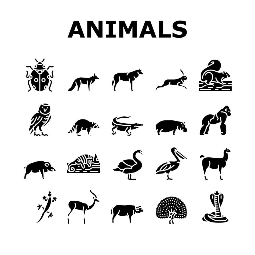 Wild Animals, Bugs And Birds Icons Set Vector