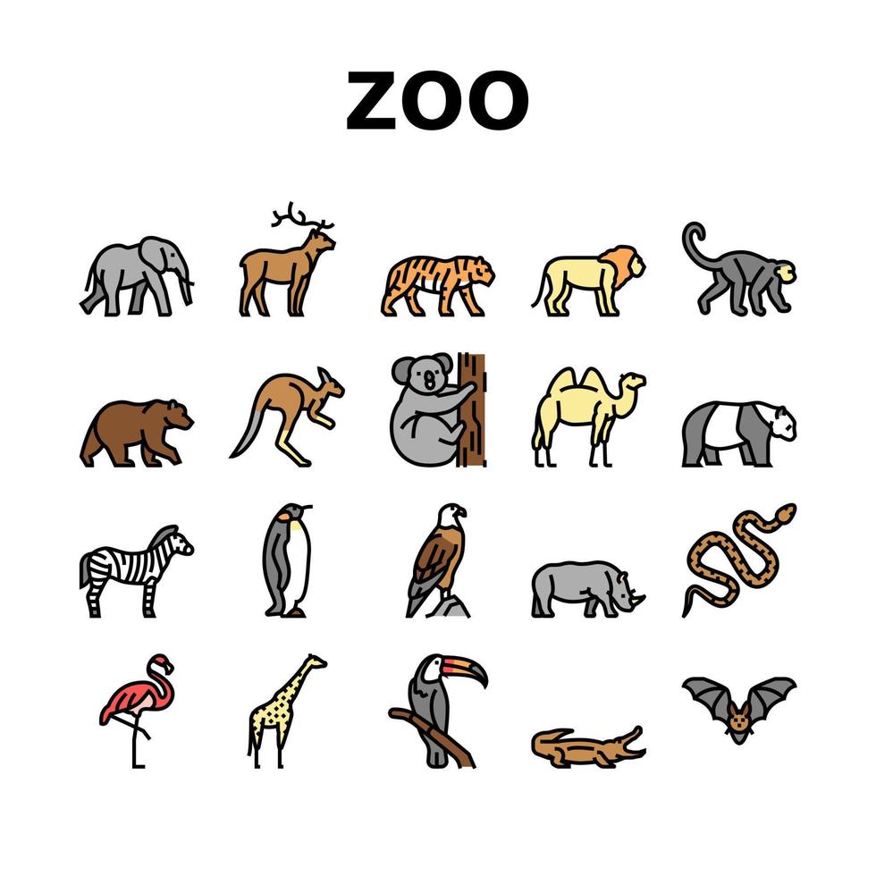 animales del zoológico, pájaros y serpientes iconos conjunto vector