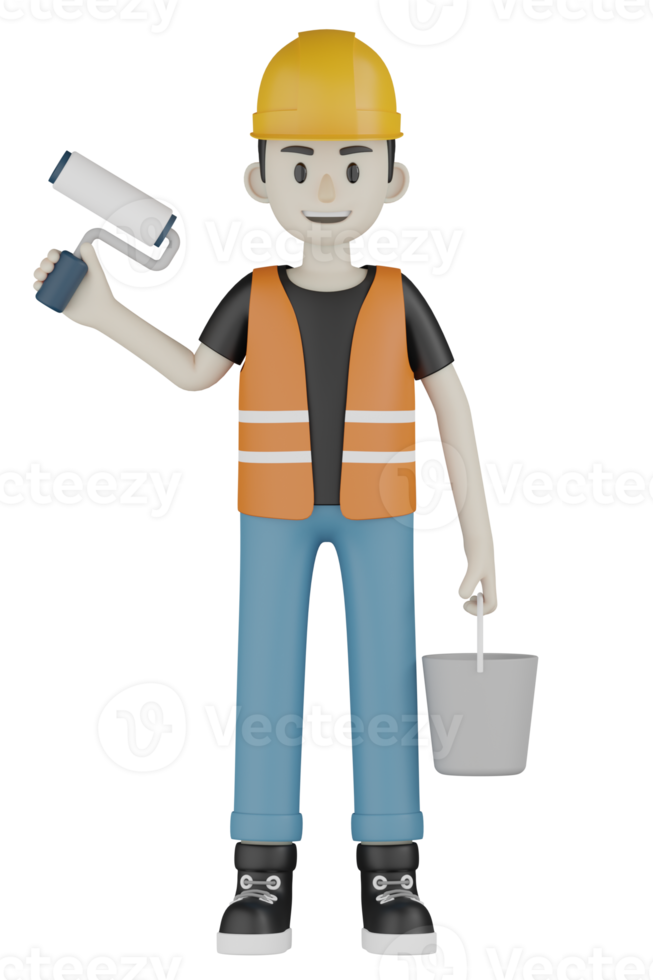 3d isolierte Außendienstmitarbeiter mit orangefarbenen Westen und gelben Helmen png