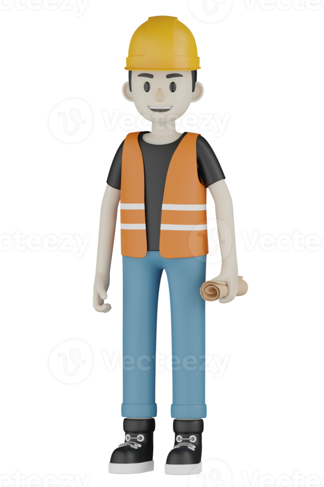 3d Isolated Field workers with orange vests and yellow helmets png